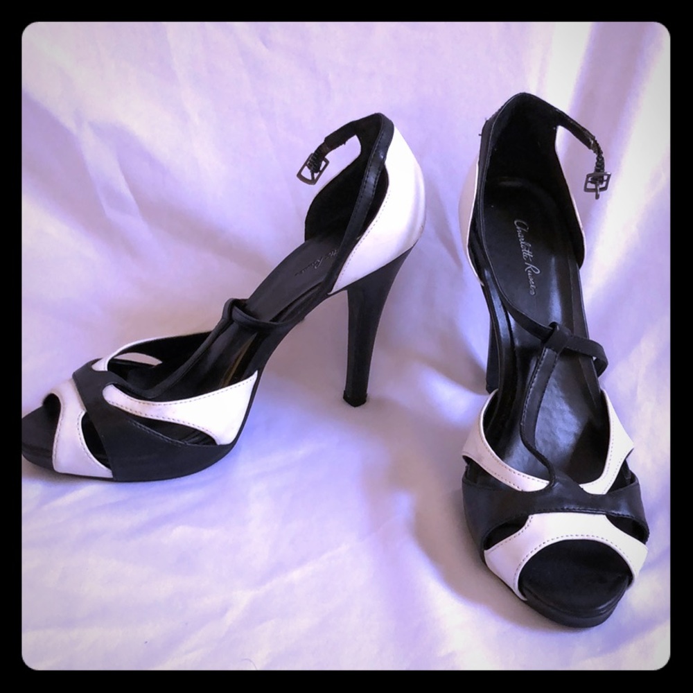 Funky White/Black Open-toe Heels